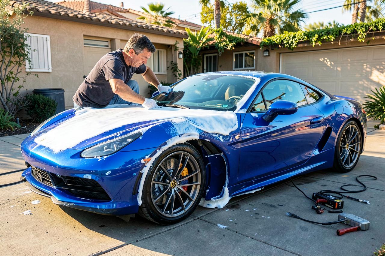 Mobile detailer foam washing a blue sports car in a Downey driveway