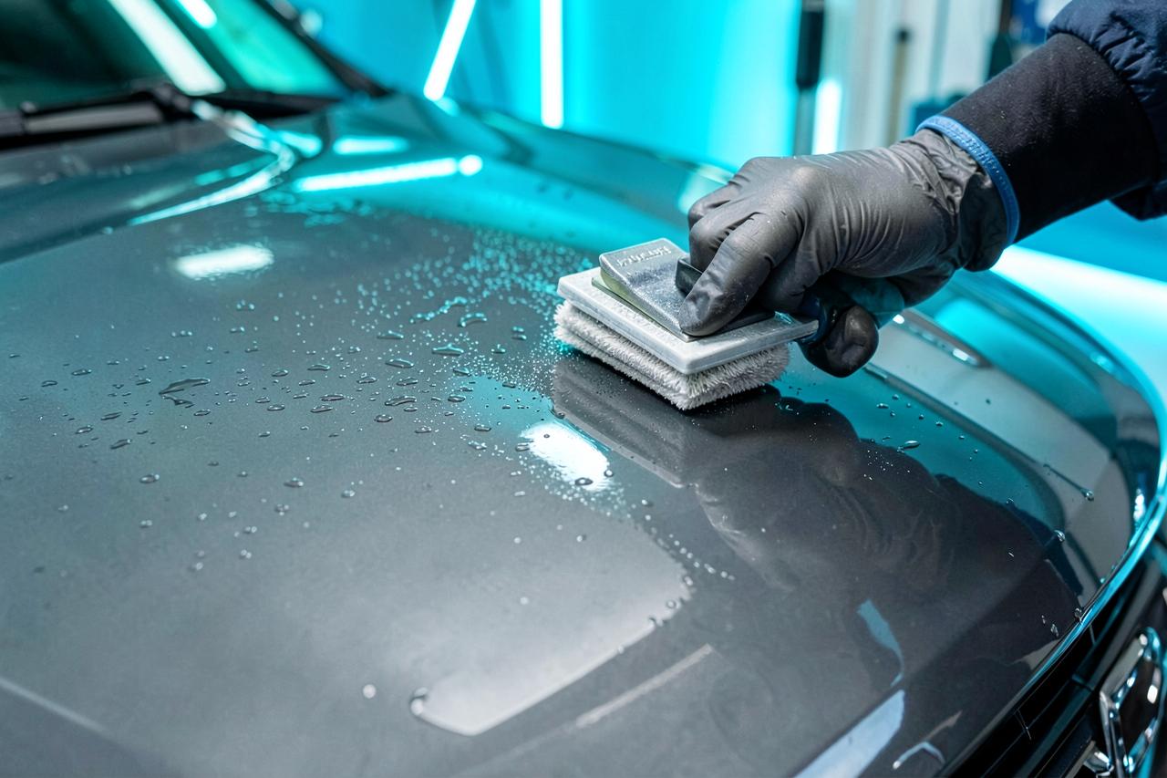 Ceramic coating being applied to a dark gray vehicle hood