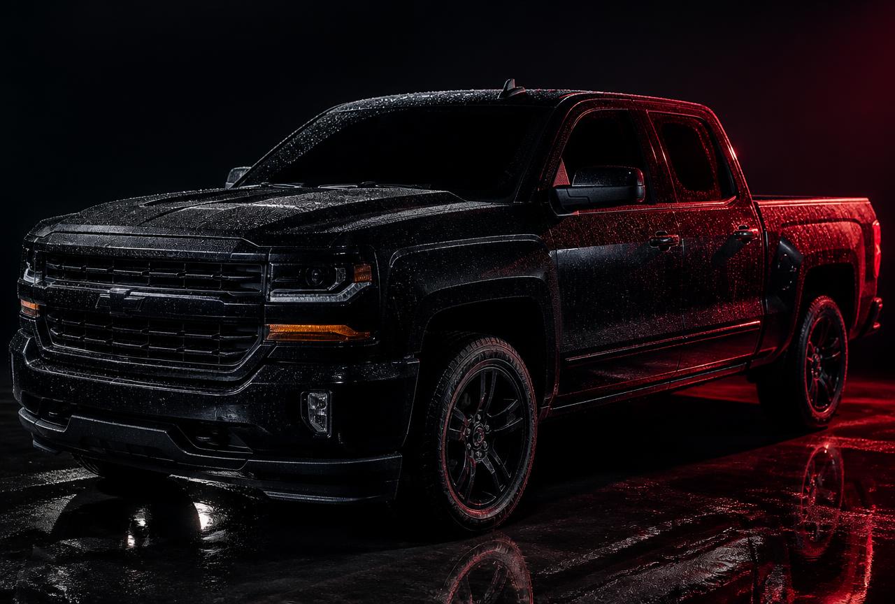 Black pickup truck with water beading on coated paint